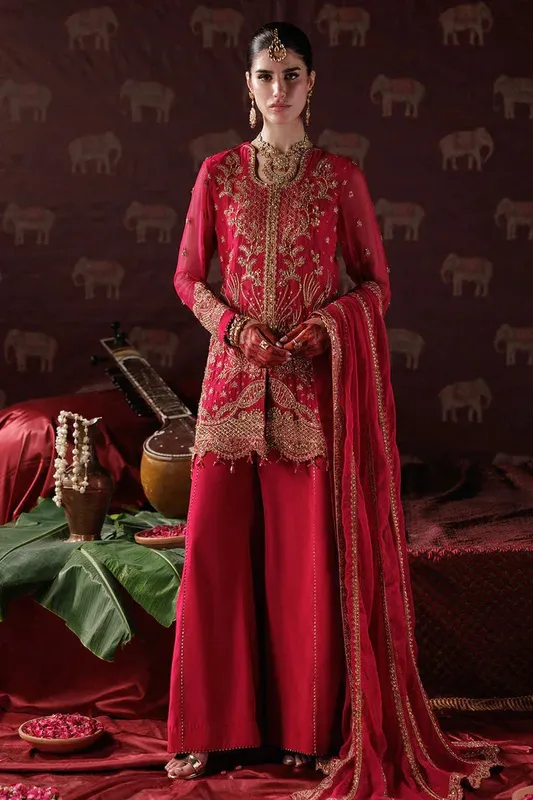 Red raw silk and organza chiffon suit with embroidered details – view 1 – Poshaq