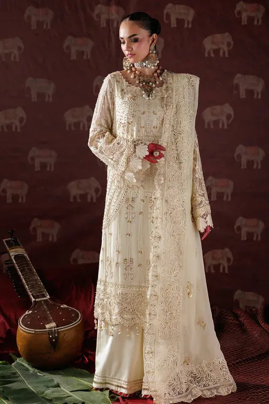 Saad Shaikh Panache Luxury Chiffon 25 Beige Raw Silk – view 1 – Poshaq