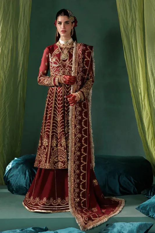 Saad Shaikh Panache Luxury Chiffon 25 Red Raw Silk – view 1 – Poshaq
