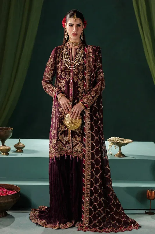 Saad Shaikh Panache Luxury Chiffon 25 Maroon Raw Silk – view 1 – Poshaq
