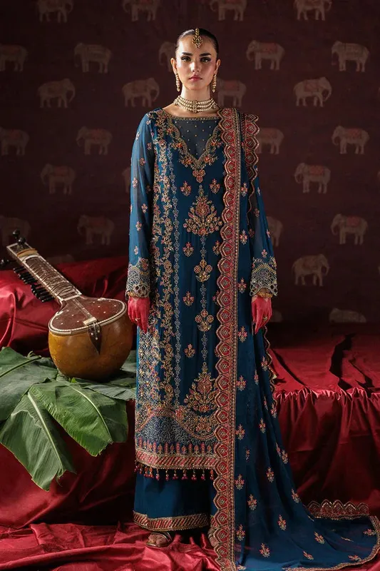 Saad Shaikh Panache Luxury Chiffon 25 Blue Raw Silk – view 1 – Poshaq