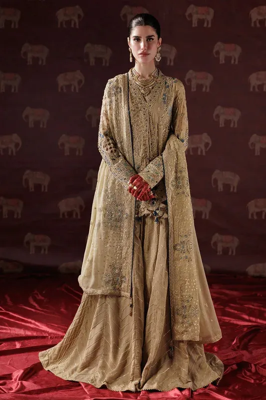 Saad Shaikh Panache Luxury Chiffon 25 Beige Raw Silk – view 1 – Poshaq