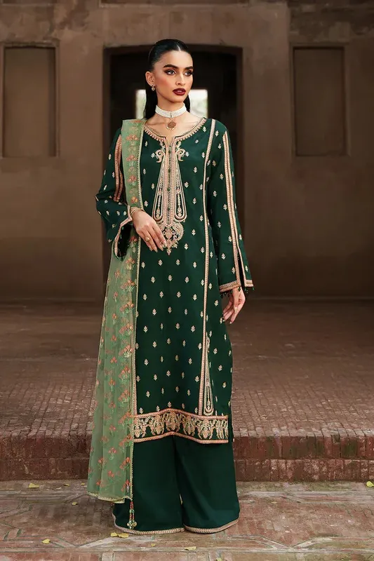 Saad Shaikh Zaria Festive Pret 25 Bottle Green Raw Silk – view 1 – Poshaq