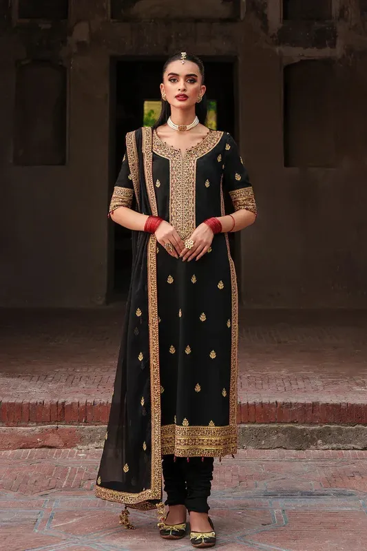 Saad Shaikh Zaria Festive Pret 25 Black Raw Silk – view 1 – Poshaq