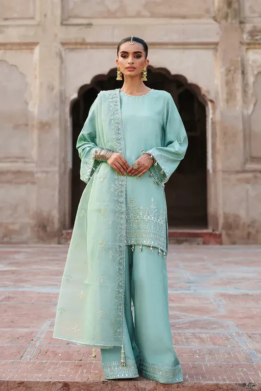 Saad Shaikh Zaria Festive Pret 25 Aqua Ferozi Raw Silk – view 1 – Poshaq
