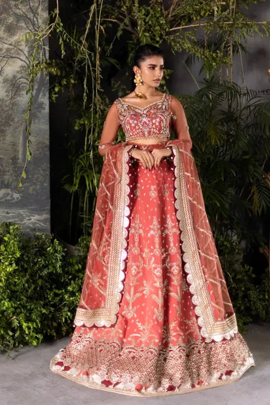 Saad Shaikh Flurie Formals Coral Raw Silk – view 1 – Poshaq
