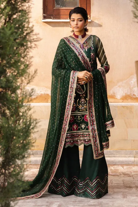 Saad Shaikh Jahan Festive Collection Deep Olive Green Raw Silk – view 1 – Poshaq