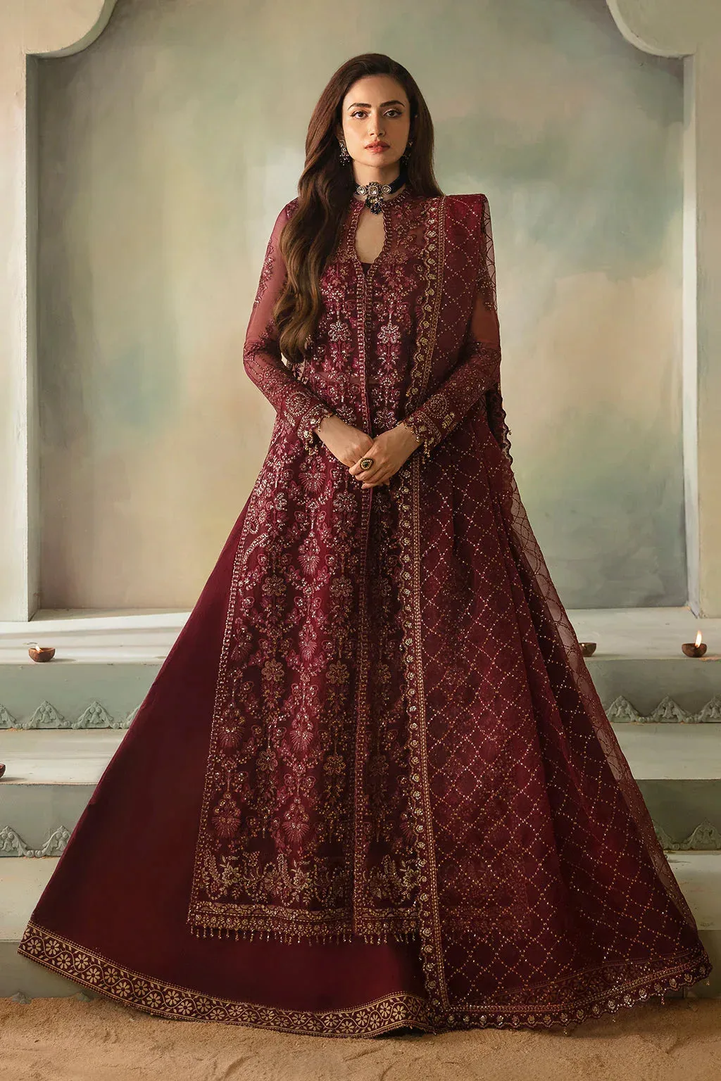 Saad Shaikh Elana Wedding Formals Blood Red Cotton Silk – view 1 – Poshaq