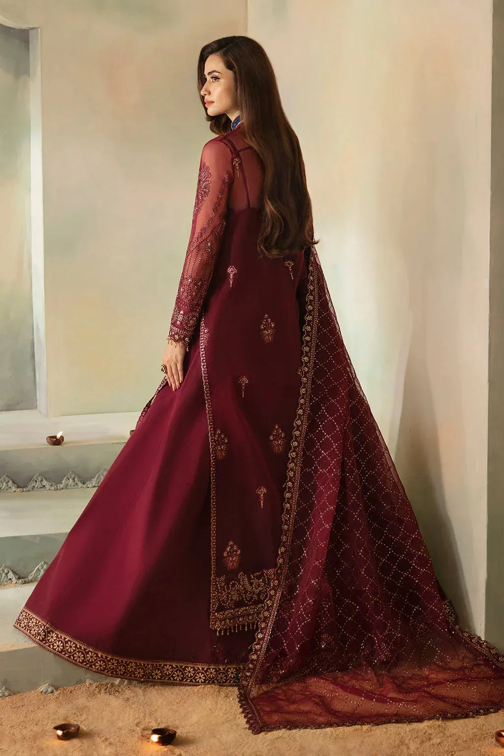 Saad Shaikh Elana Wedding Formals Blood Red Cotton Silk – view 2 – Poshaq