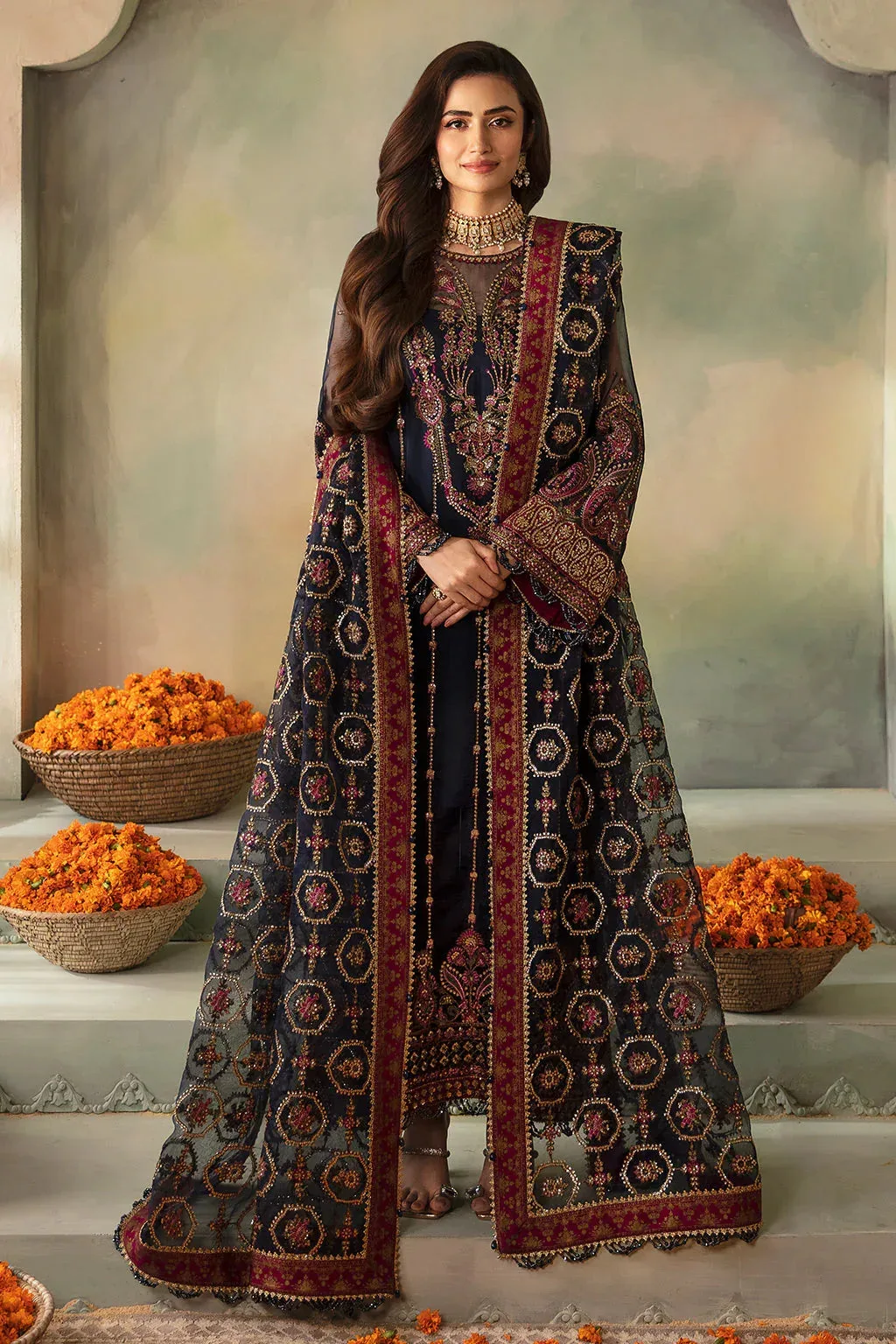 Saad Shaikh Elana Wedding Formals Navy Blue Raw Silk – view 1 – Poshaq