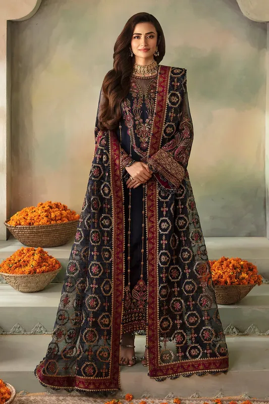 Saad Shaikh Elana Wedding Formals Navy Blue Raw Silk – view 1 – Poshaq