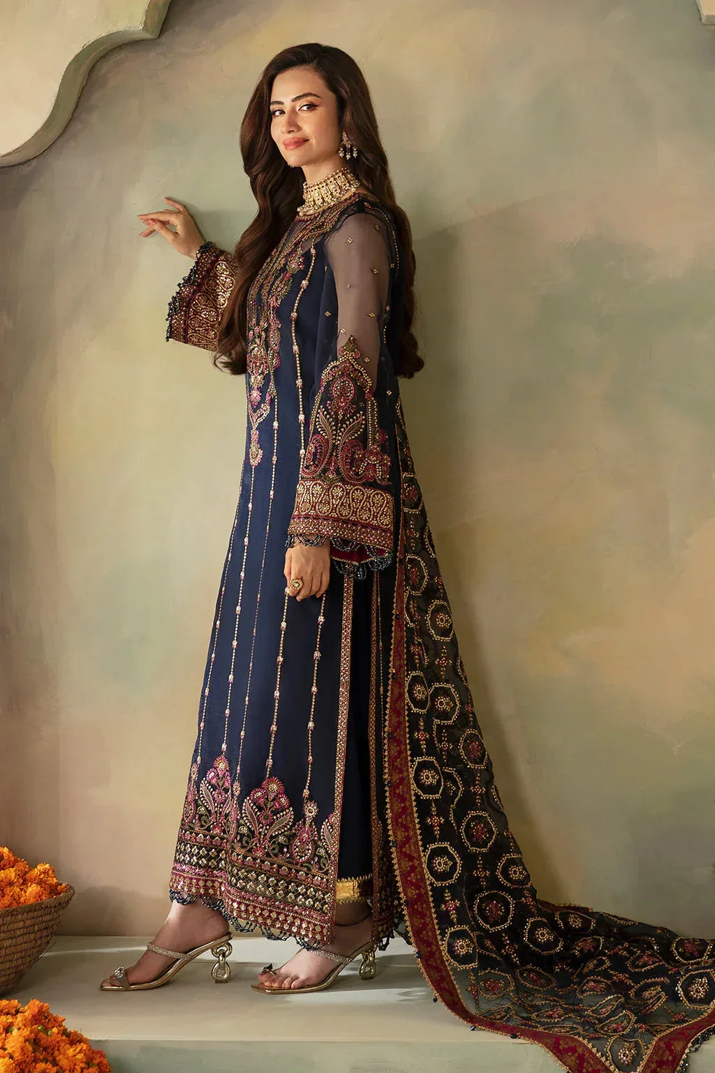 Saad Shaikh Elana Wedding Formals Navy Blue Raw Silk – view 4 – Poshaq