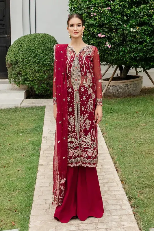 Saad Shaikh Luminous Formals 23 Red Raw Silk – view 1 – Poshaq