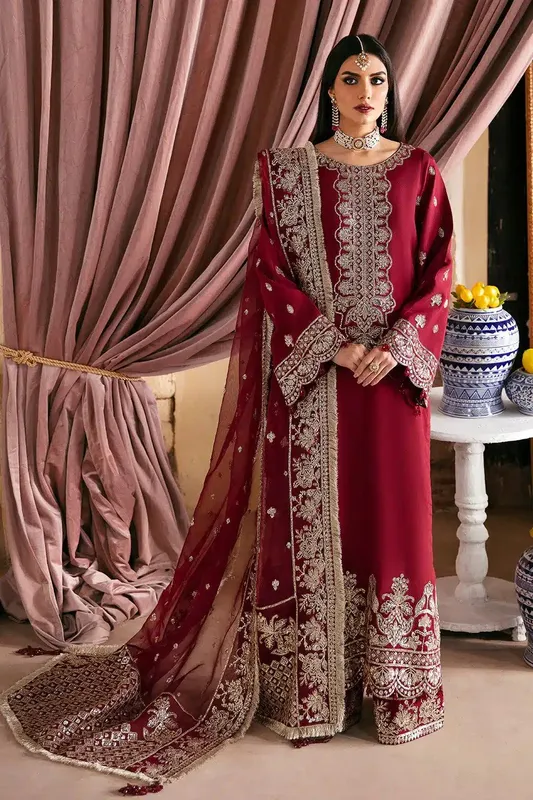 Saad Shaikh Singhar Festive 23 Maroon Raw Silk – view 1 – Poshaq
