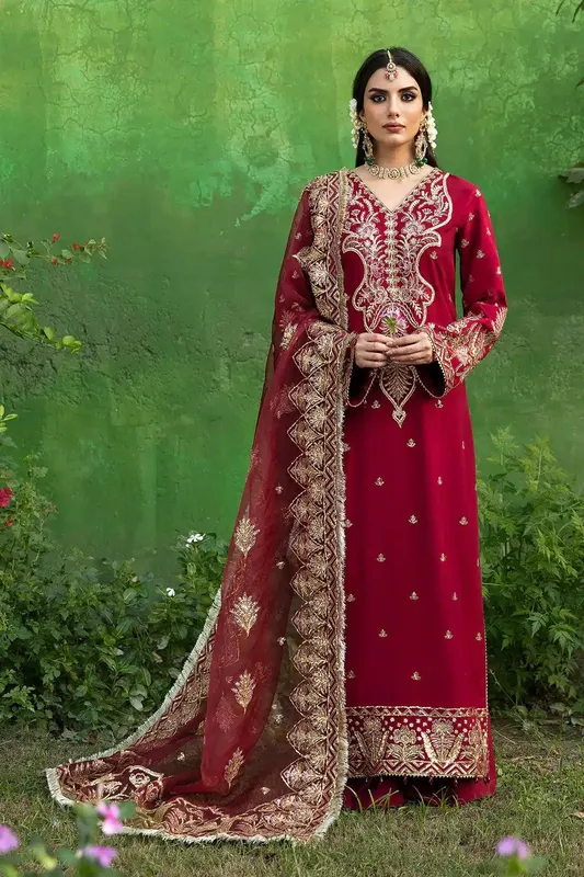 Saad Shaikh Singhar Festive 23 Maroon Raw Silk – view 1 – Poshaq