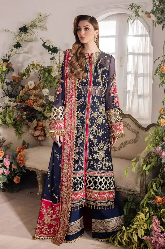 Saad Shaikh Panache Luxury Chiffon 24 Blue Raw Silk – view 1 – Poshaq