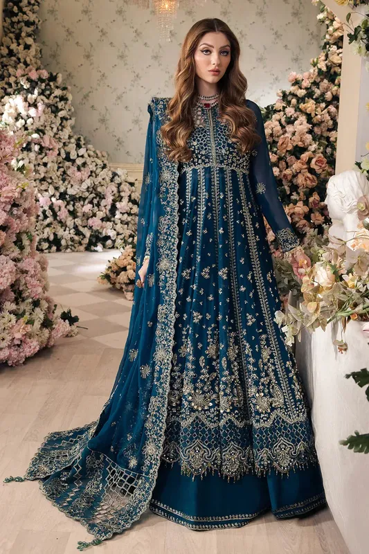 Saad Shaikh Panache Luxury Chiffon 24 Teal Raw Silk – view 1 – Poshaq