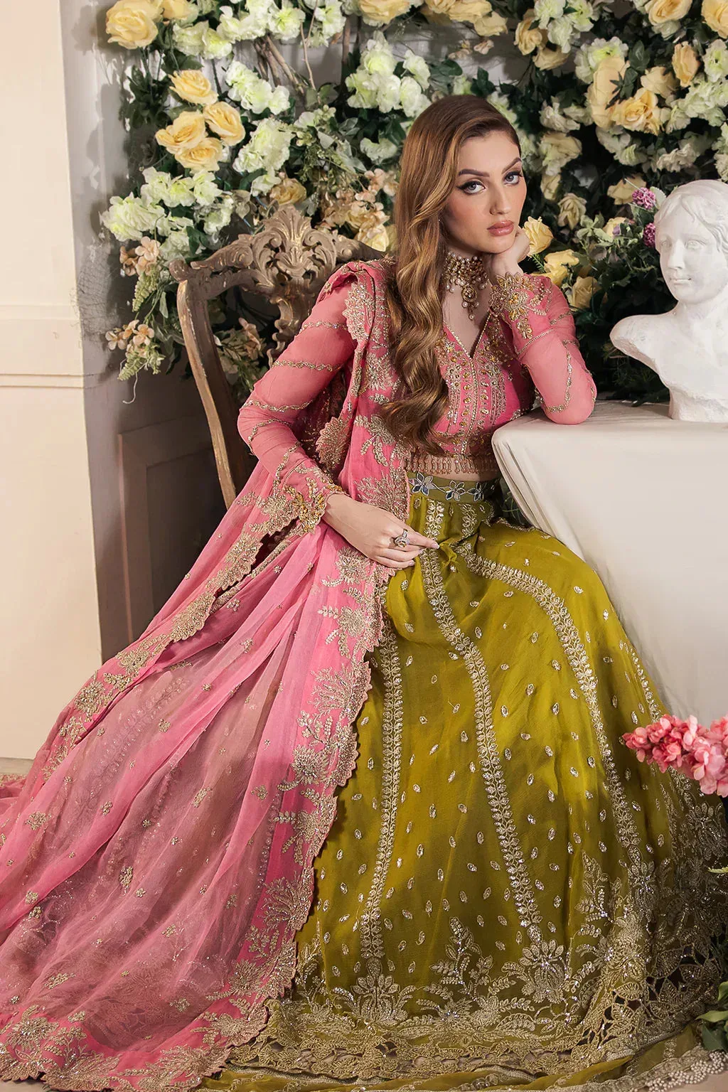 Saad Shaikh Panache Luxury Chiffon 24 Green Raw Silk – view 4 – Poshaq
