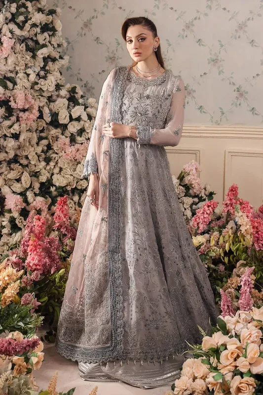 Saad Shaikh Panache Luxury Chiffon 24 Grey Raw Silk – view 1 – Poshaq