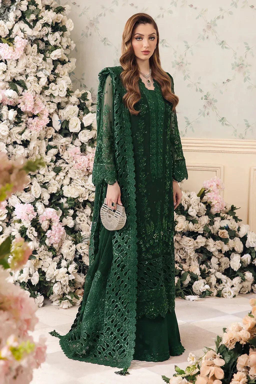 Saad Shaikh Panache Luxury Chiffon 24 Bottle Green Raw Silk – view 1 – Poshaq
