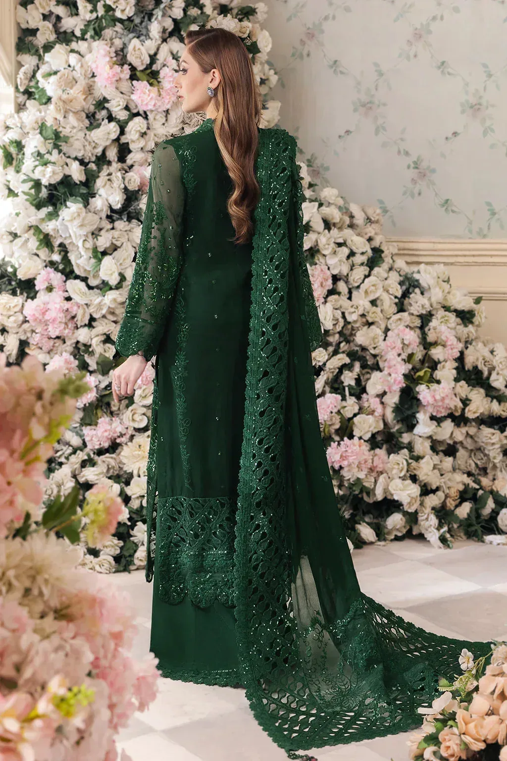 Saad Shaikh Panache Luxury Chiffon 24 Bottle Green Raw Silk – view 2 – Poshaq