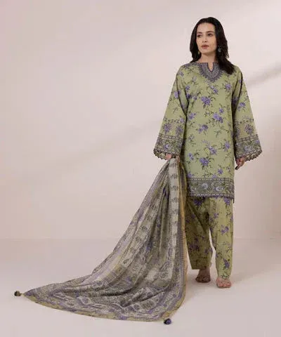 Green pistachio lawn shirt with matching cambric trousers and dupatta – view 1 – Poshaq
