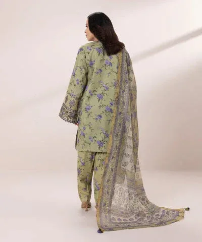 Green pistachio lawn shirt with matching cambric trousers and dupatta – view 2 – Poshaq