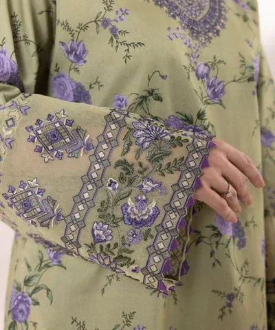 Green pistachio lawn shirt with matching cambric trousers and dupatta – view 3 – Poshaq