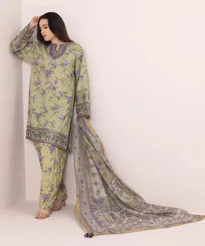 Green pistachio lawn shirt with matching cambric trousers and dupatta – view 4 – Poshaq