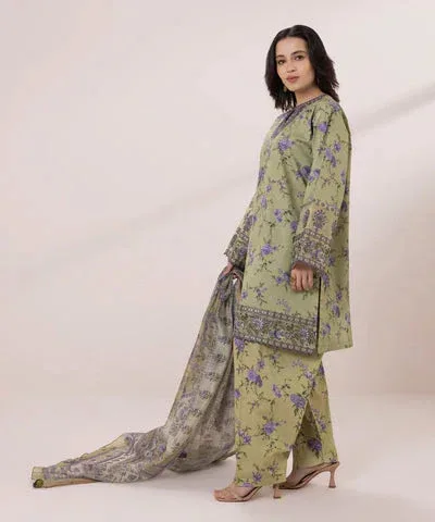 Green pistachio lawn shirt with matching cambric trousers and dupatta – view 5 – Poshaq