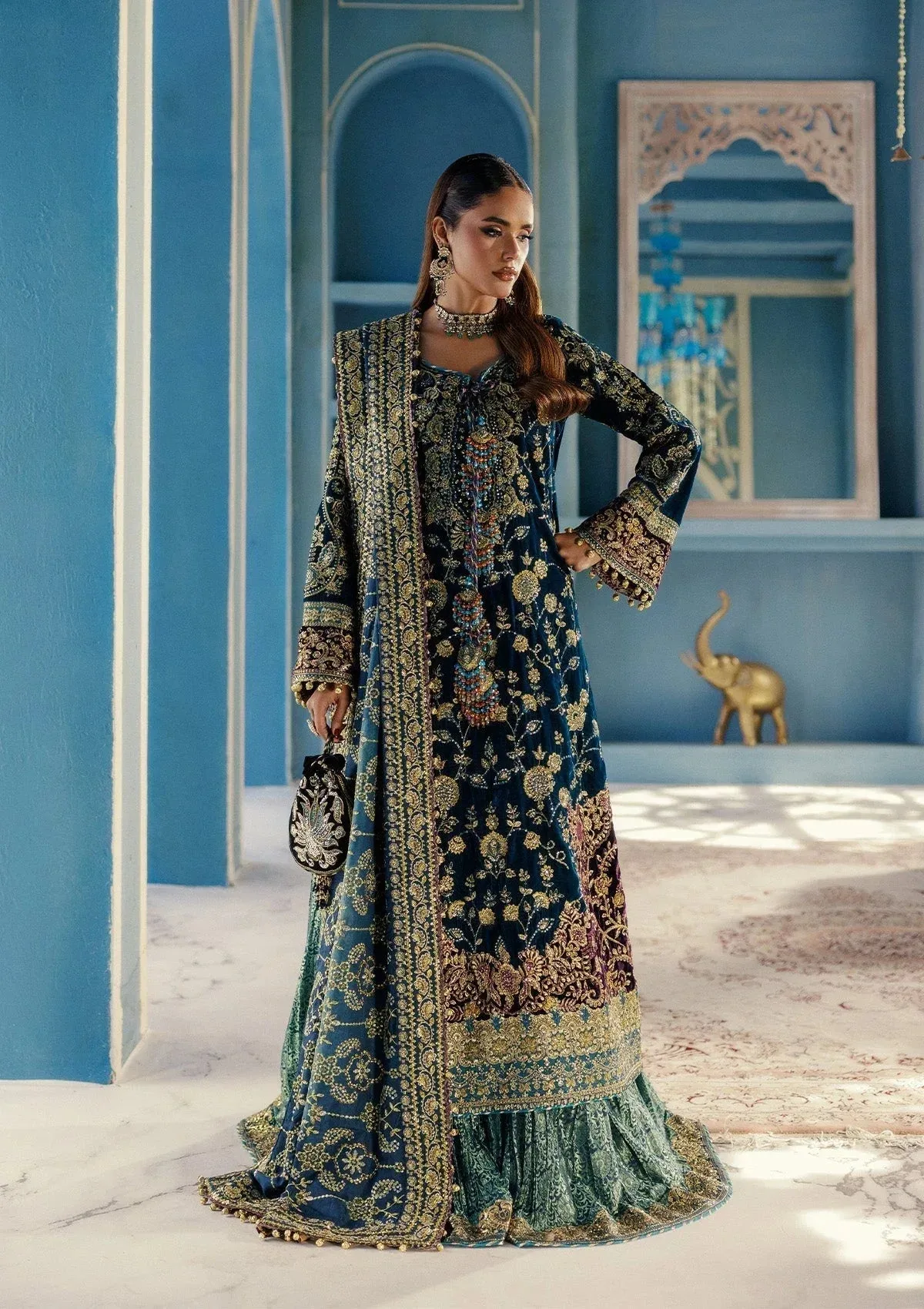 Aik Atelier Udaipur Velvet 25 Teal Blue Organza – view 1 – Poshaq