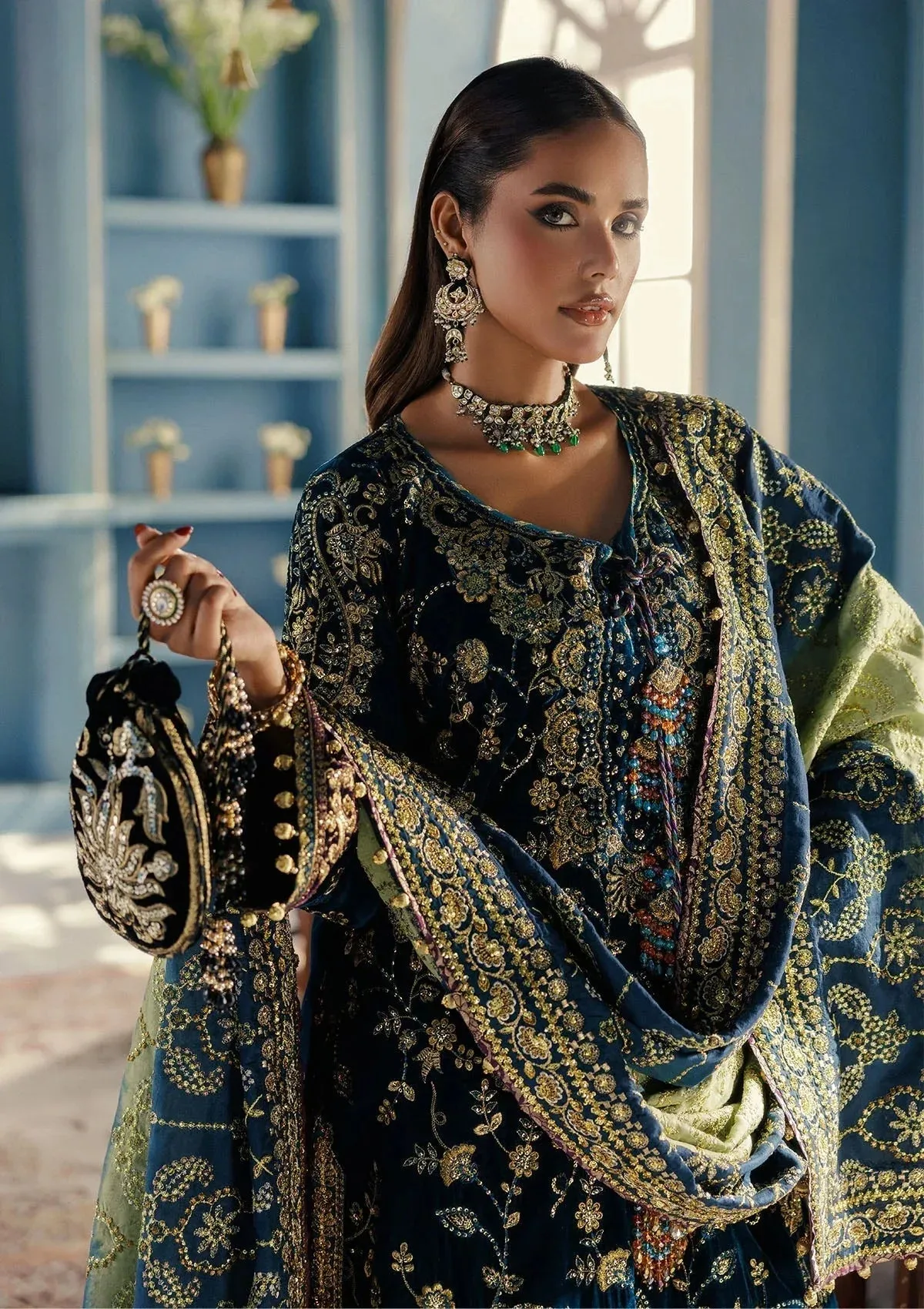 Aik Atelier Udaipur Velvet 25 Teal Blue Organza – view 6 – Poshaq