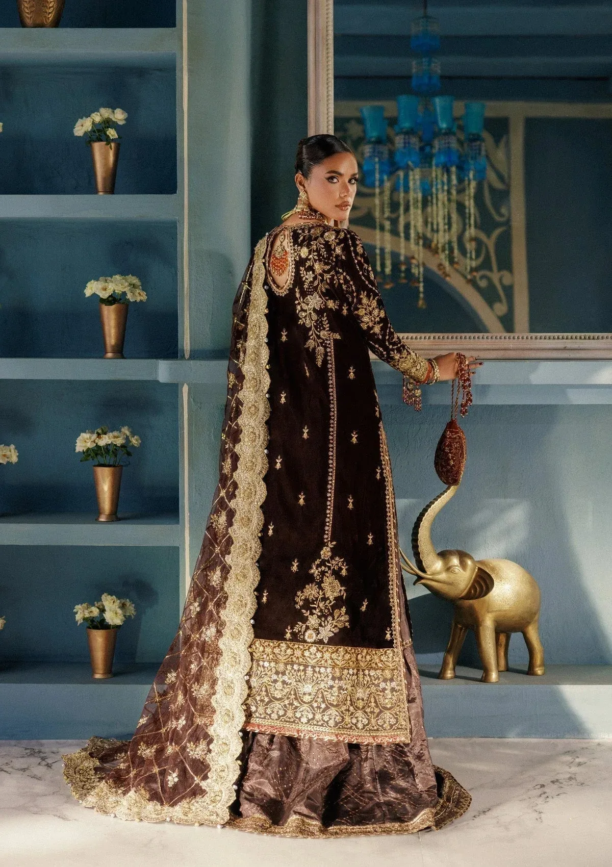 Aik Atelier Udaipur Velvet 25 Chocolate Brown Organza – view 2 – Poshaq