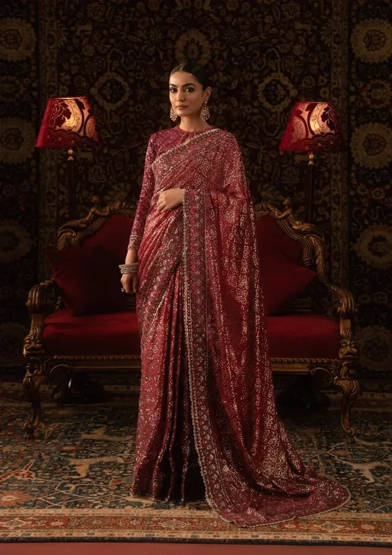 Aik Atelier Sari Edit 25 Blood Red Organza – view 1 – Poshaq