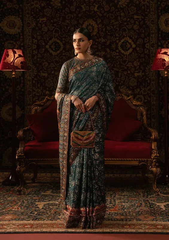 Aik Atelier Sari Edit 25 Teal Blue Organza – view 1 – Poshaq