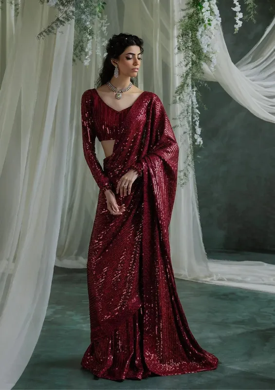 Aik Atelier Sari Edit 2024 Maroon Organza – view 1 – Poshaq