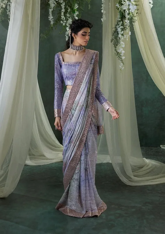 Aik Atelier Sari Edit 2024 Lilac Gray Organza – view 1 – Poshaq