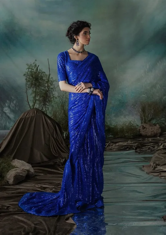 Aik Atelier Sari Edit 2024 Royal Blue Organza – view 1 – Poshaq