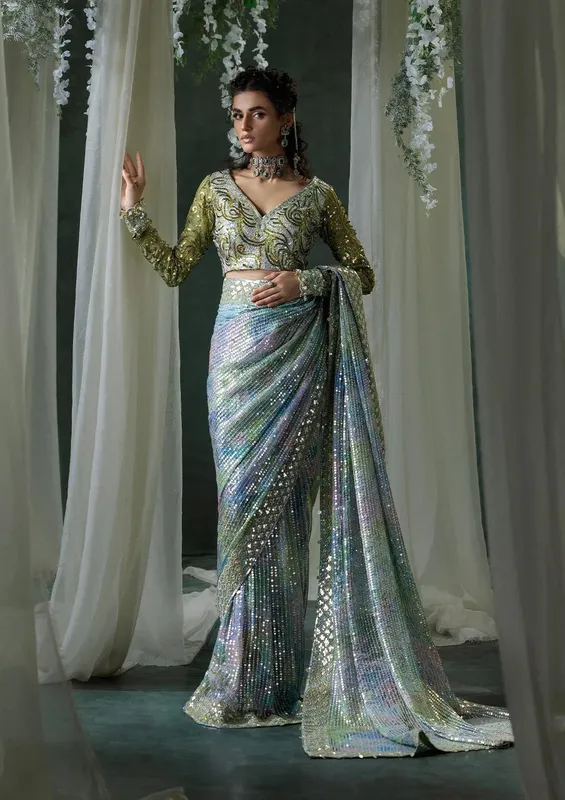 Aik Atelier Sari Edit 2024 Mehndi Green Organza – view 1 – Poshaq