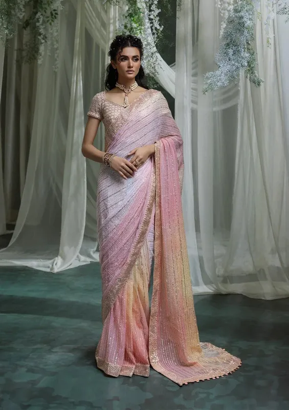 Aik Atelier Sari Edit 2024 Peach Pink Organza – view 1 – Poshaq
