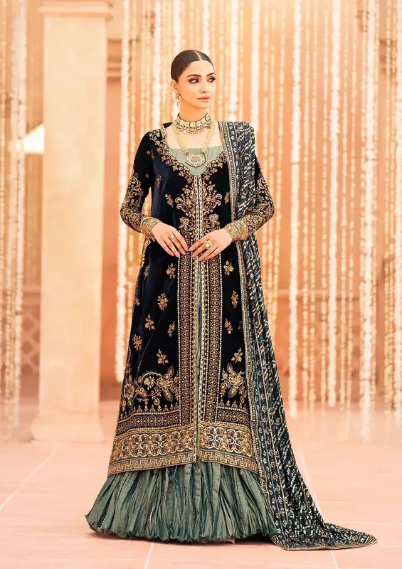 Aik Atelier Zardozi Velvet 23 Teal Organza – view 1 – Poshaq