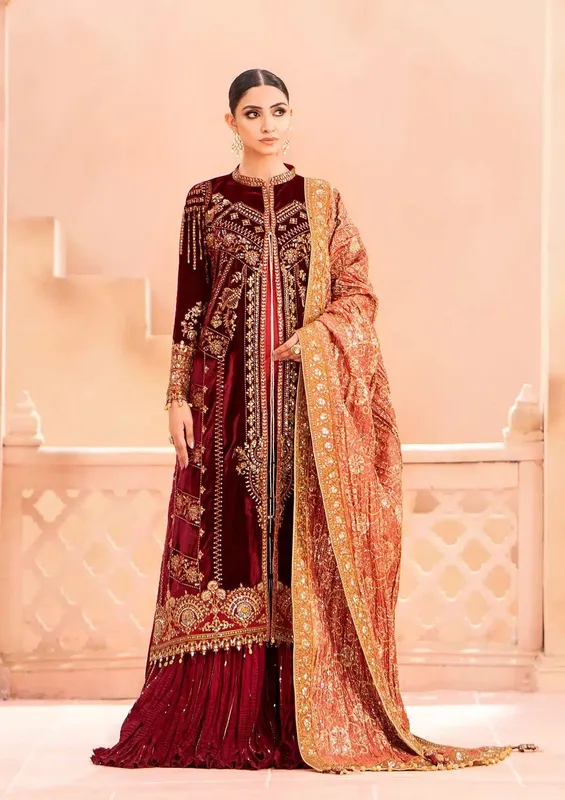 Aik Atelier Zardozi Velvet 23 Maroon Organza – view 1 – Poshaq