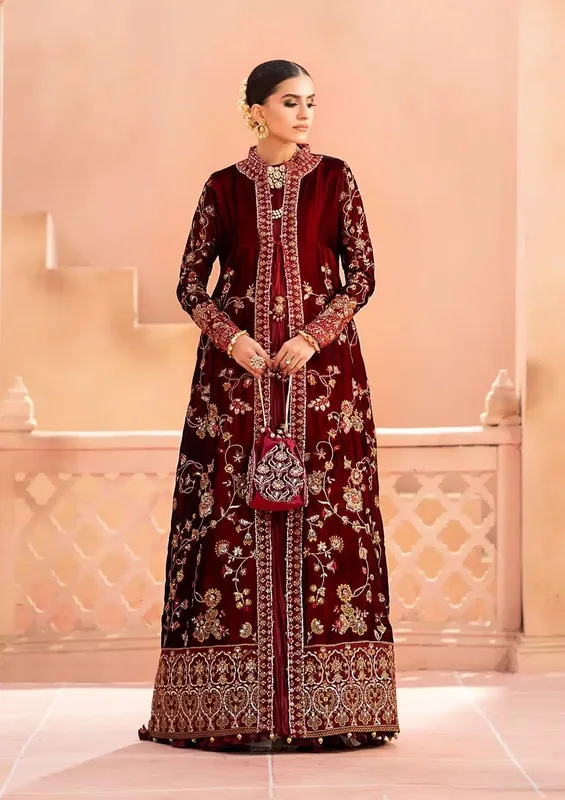 Aik Atelier Zardozi Velvet 23 Maroon Organza – view 1 – Poshaq