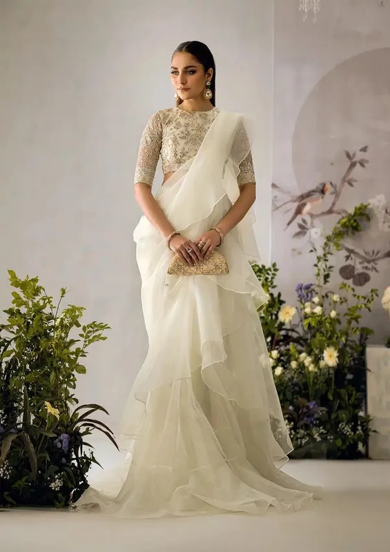 Aik Atelier The Sari Edit Off White Organza – view 1 – Poshaq