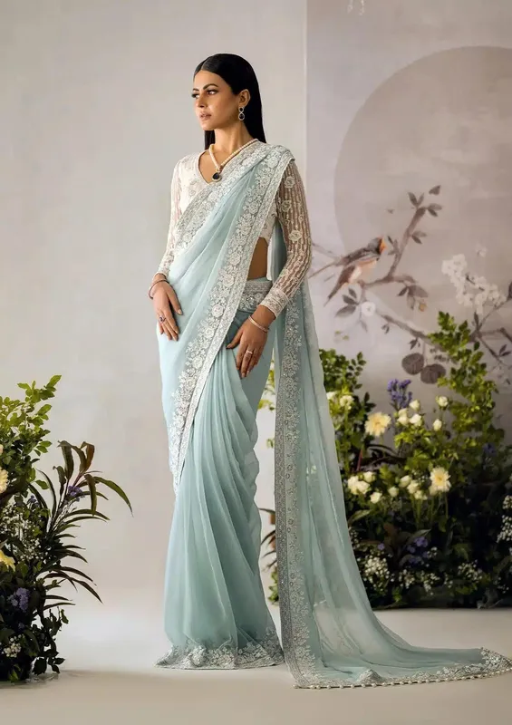 Aik Atelier The Sari Edit Blue Organza – view 1 – Poshaq