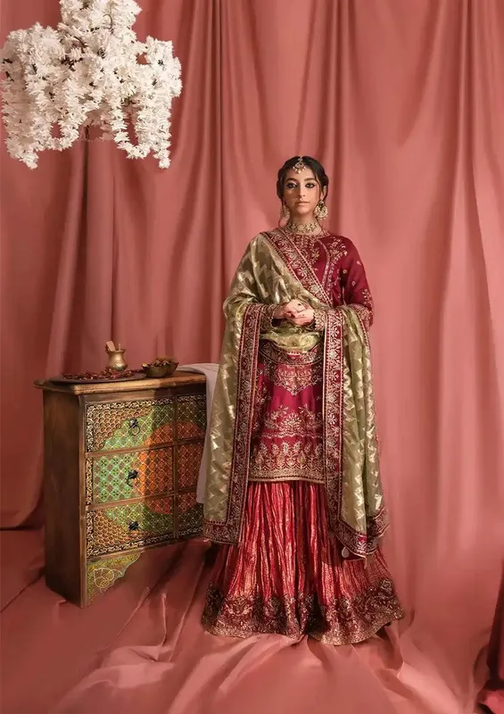 magenta bridal ensemble with raw silk and organza detailing – view 1 – Poshaq