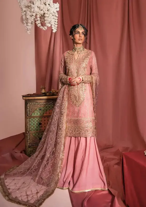 Tea pink short shirt with sharara trousers and dupatta in raw silk and organza – view 1 – Poshaq