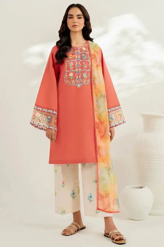 Farasha Thread Lines Embroidered Pinkish Orange Organza – view 1 – Poshaq