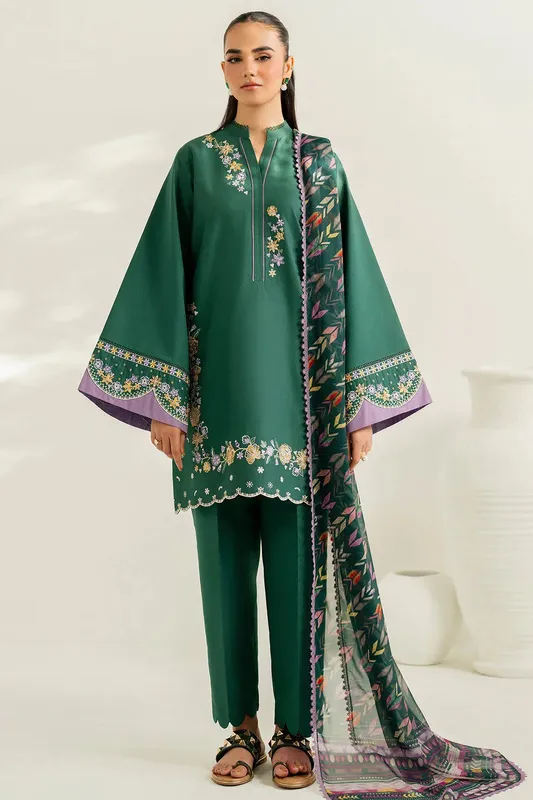 Farasha Thread Lines Embroidered Deep Olive Green Chiffon – view 1 – Poshaq