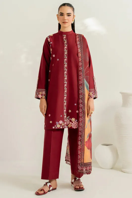 Farasha Thread Lines Embroidered Maroon Chiffon – view 1 – Poshaq